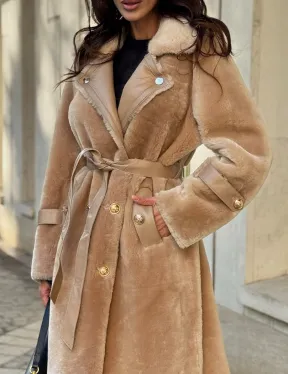 Дубленка из овчины с норковым воротником - цвет бежевый