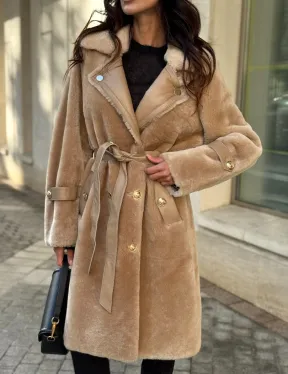 Дубленка из овчины с норковым воротником - цвет бежевый