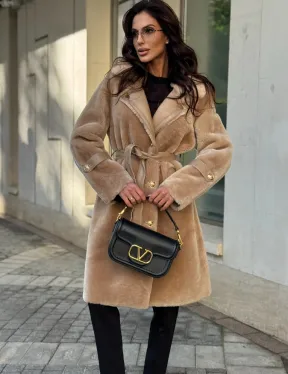 Дубленка из овчины с норковым воротником - цвет бежевый