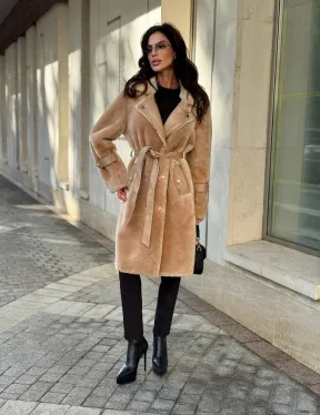 Дубленка из овчины с норковым воротником - цвет бежевый