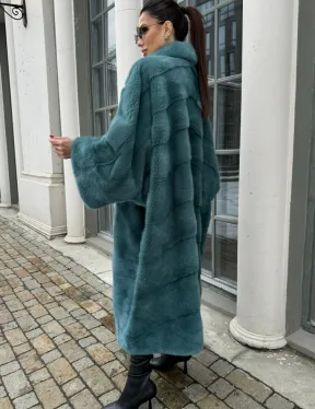 Шуба из меха норки в стиле Oversize - цвет тиффани