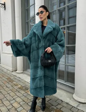 Шуба из меха норки в стиле Oversize - цвет тиффани