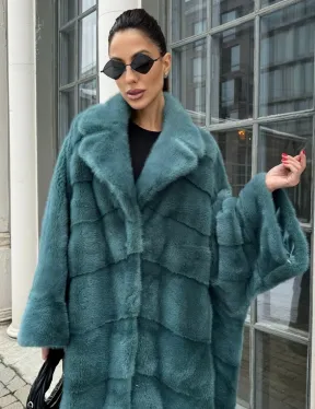 Шуба из меха норки в стиле Oversize - цвет тиффани