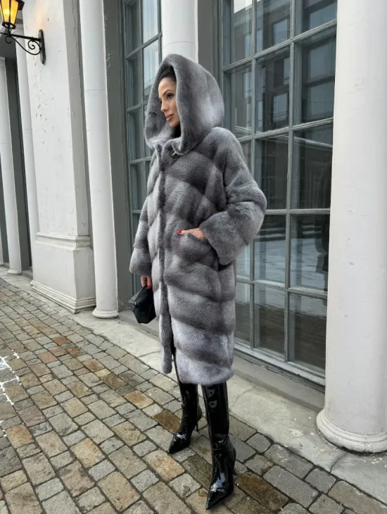 Шуба норковая с капюшоном, паркет - цвет графит-хамелеон