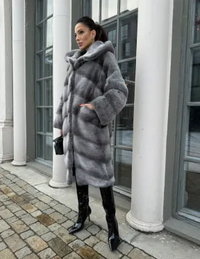 Шуба норковая с капюшоном, паркет - цвет графит-хамелеон