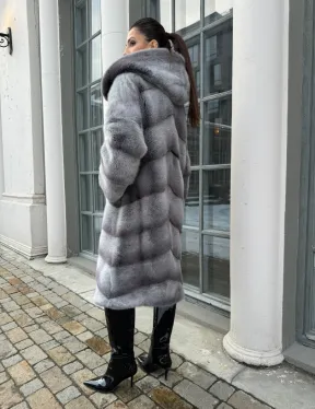 Шуба норковая с капюшоном, паркет - цвет графит-хамелеон