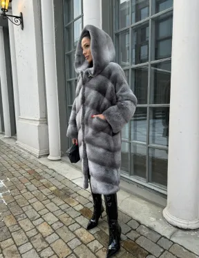 Шуба норковая с капюшоном, паркет - цвет графит-хамелеон