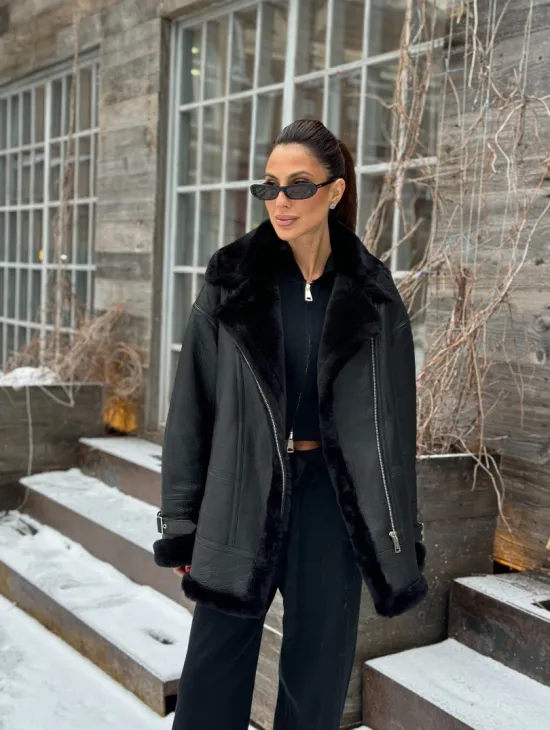 Черная дубленка авитор на овчине