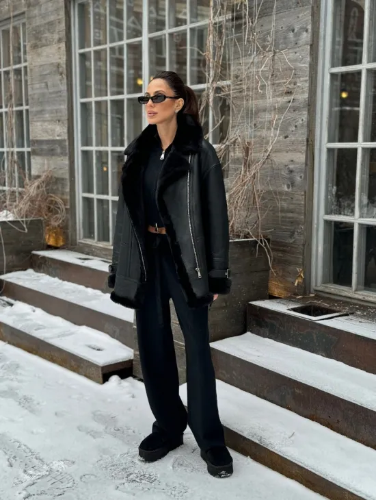 Черная дубленка авитор на овчине