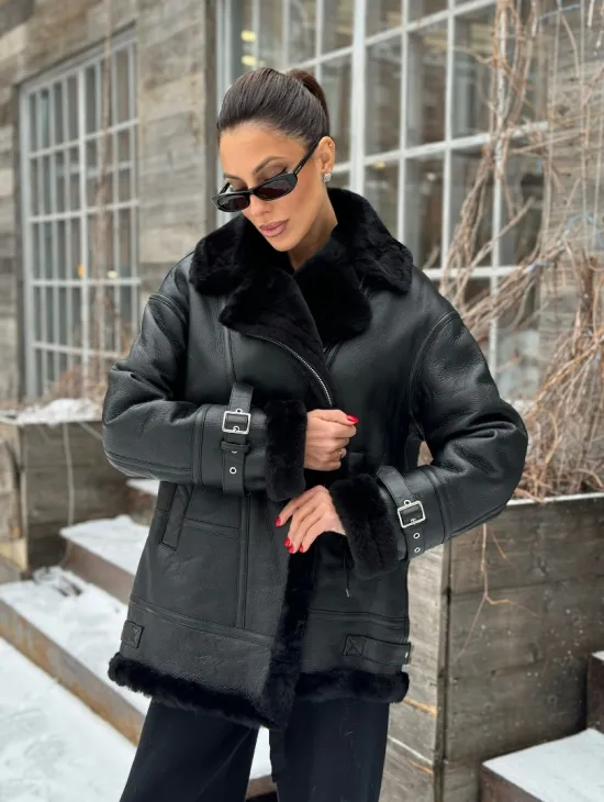 Черная дубленка авитор на овчине