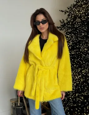 Шуба норковая летучая мышь роспуск - цвет лимонный (желтый)