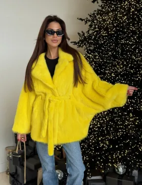 Шуба норковая летучая мышь роспуск - цвет лимонный (желтый)