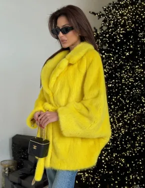 Шуба норковая летучая мышь роспуск - цвет лимонный (желтый)