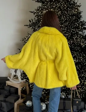 Шуба норковая летучая мышь роспуск - цвет лимонный (желтый)