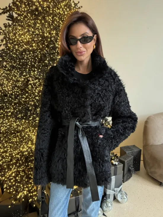 Двусторонняя дублёнка, мех тиградо - цвет черный