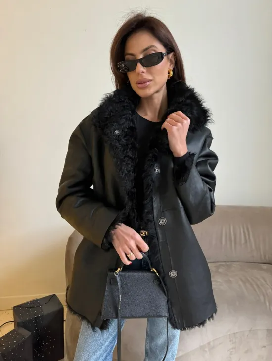 Двусторонняя дублёнка, мех тиградо - цвет черный