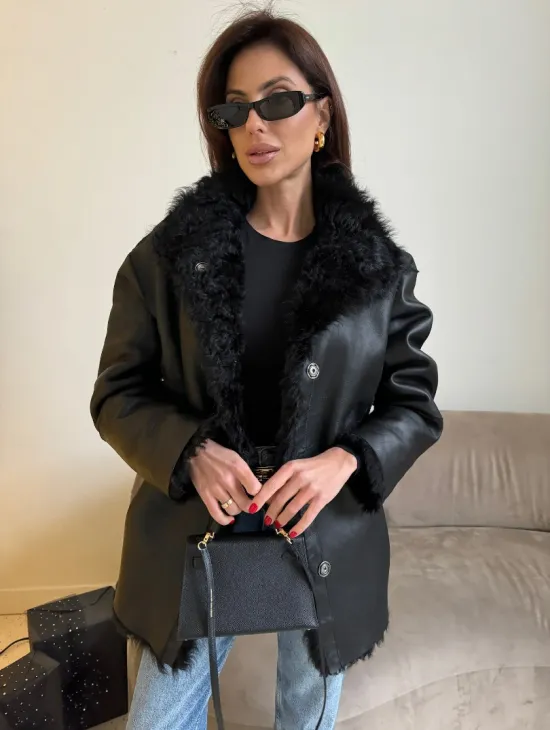 Двусторонняя дублёнка, мех тиградо - цвет черный