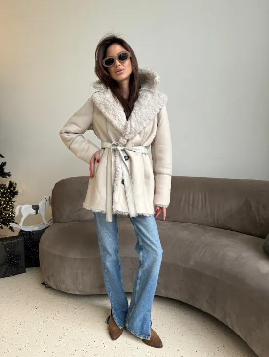 Двусторонняя дублёнка - шуба, мех тиградо английский воротник