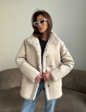 Дубленка двусторонняя из натурального меха тиградо - стойка воротник