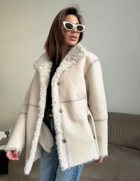 Дубленка двусторонняя из натурального меха тиградо - стойка воротник