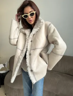 Дубленка двусторонняя из натурального меха тиградо - стойка воротник