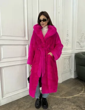 Норка кимоно с капюшоном, паркет - цвет фуксия