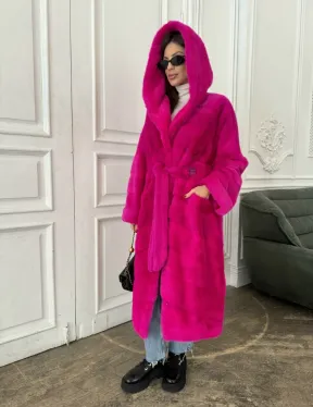 Норка кимоно с капюшоном, паркет - цвет фуксия