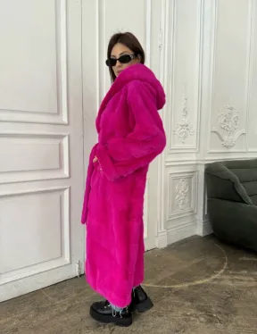 Норка кимоно с капюшоном, паркет - цвет фуксия