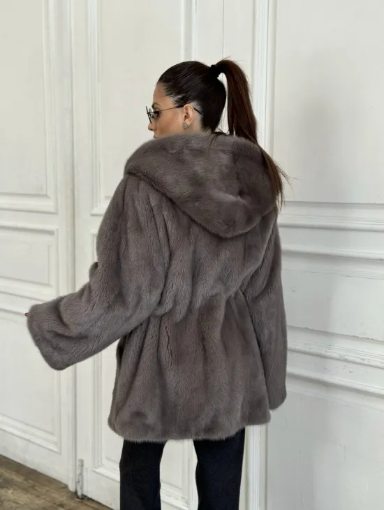 Шуба норковая с капюшоном роспуск - цвет графит