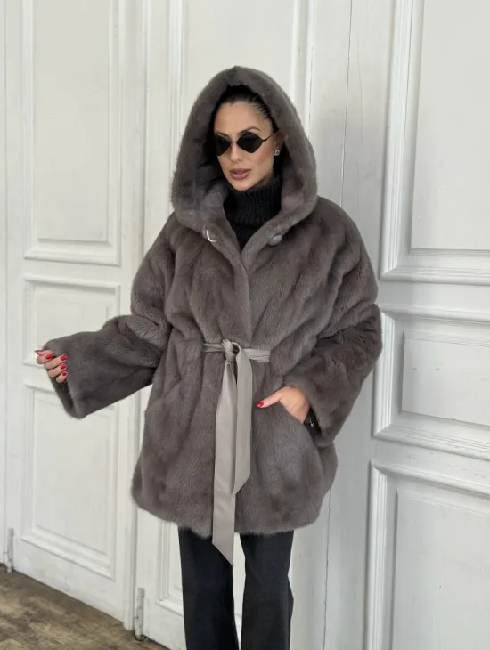 Шуба норковая с капюшоном роспуск - цвет графит