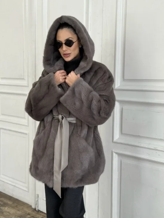 Шуба норковая с капюшоном роспуск - цвет графит