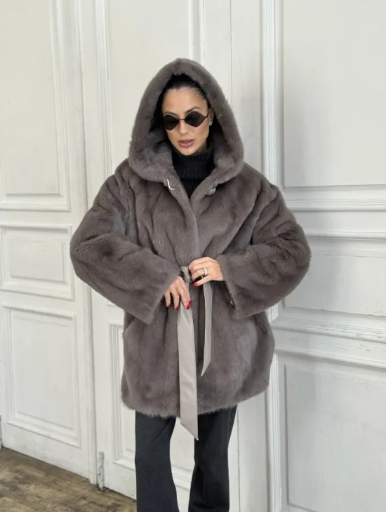 Шуба норковая с капюшоном роспуск - цвет графит