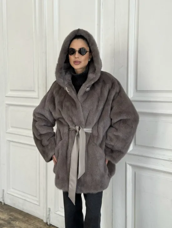 Шуба норковая с капюшоном роспуск - цвет графит