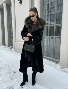 Шуба - кимоно мех аукционная норка с капюшоном куница - цвет черный изумруд