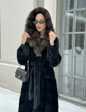 Шуба - кимоно мех аукционная норка с капюшоном куница - цвет черный изумруд