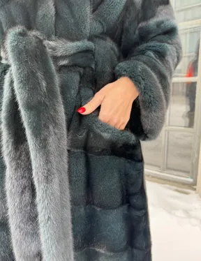 Шуба - кимоно мех аукционная норка с капюшоном куница - цвет черный изумруд