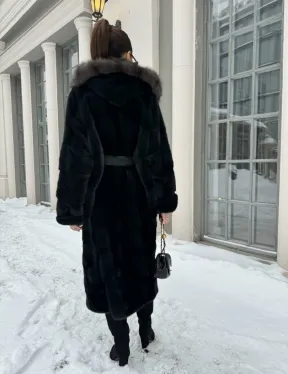 Шуба - кимоно мех аукционная норка с капюшоном куница - цвет черный изумруд