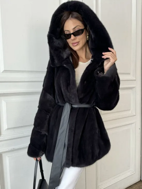 Норковый жакет с капюшоном, роспуск - цвет графит