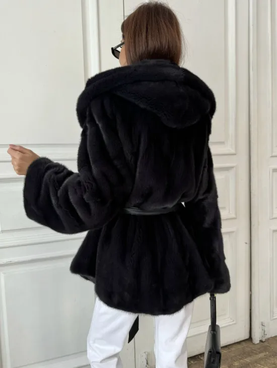 Норковый жакет с капюшоном, роспуск - цвет графит