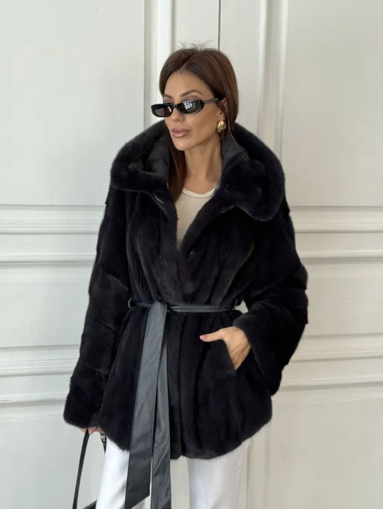 Норковый жакет с капюшоном, роспуск - цвет графит