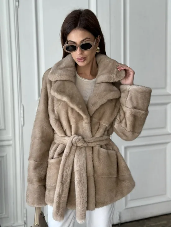 Норковый полушубок английский воротник мех NAFA - цвет пастель