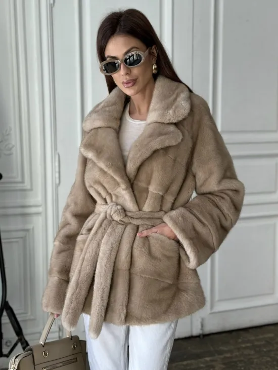 Норковый полушубок английский воротник мех NAFA - цвет пастель