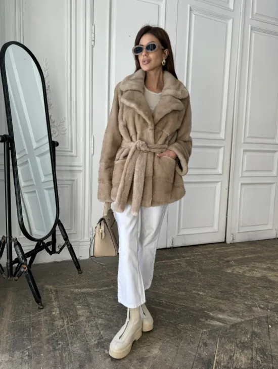 Норковый полушубок английский воротник мех NAFA - цвет пастель