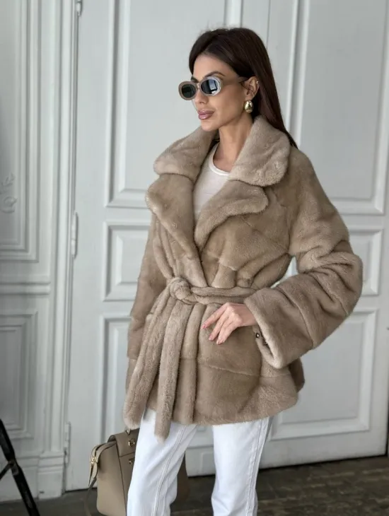 Норковый полушубок английский воротник мех NAFA - цвет пастель