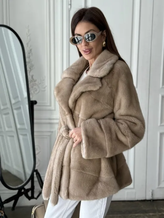 Норковый полушубок английский воротник мех NAFA - цвет пастель