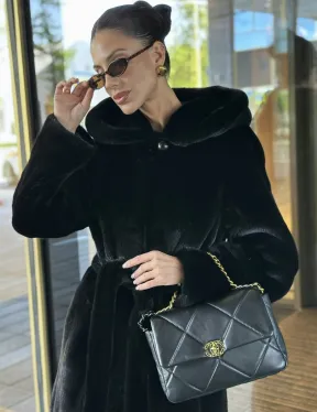 Удлиненная шуба из норки BLACKGLAMA с капюшоном