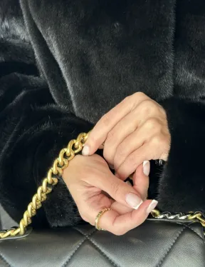 Удлиненная шуба из норки BLACKGLAMA с капюшоном