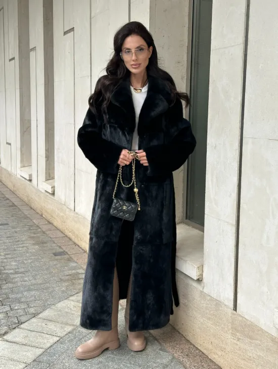 Черная норковая шуба NAFA MINK с поясом в пол