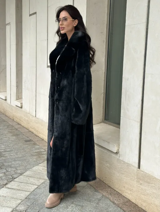 Черная норковая шуба NAFA MINK с поясом в пол