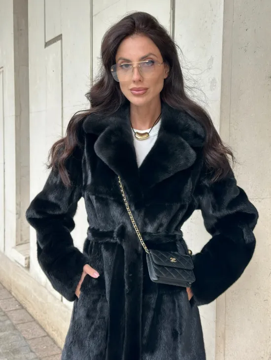 Черная норковая шуба NAFA MINK с поясом в пол